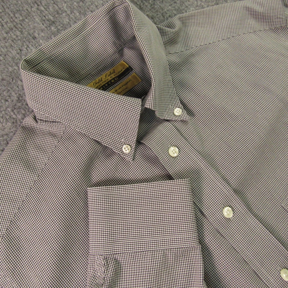 Roundtree & Yorke Shirt Men 15 32 Black White Micro Check Fitted Non-Iron Poplin - Picture 1 of 10
